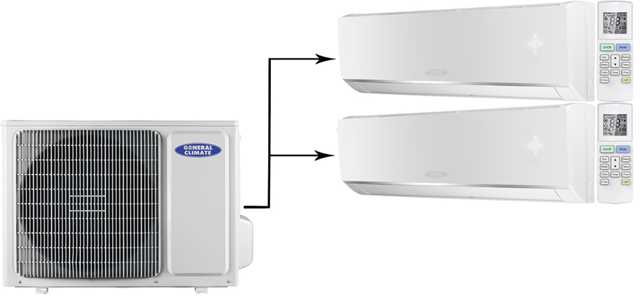 Мульти сплит-система на 2 комнаты General Climate Free Multi 2 GU-M2E18H32/GC-ME09HR32 (WiFi)*2 от интернет-магазина ClimateON